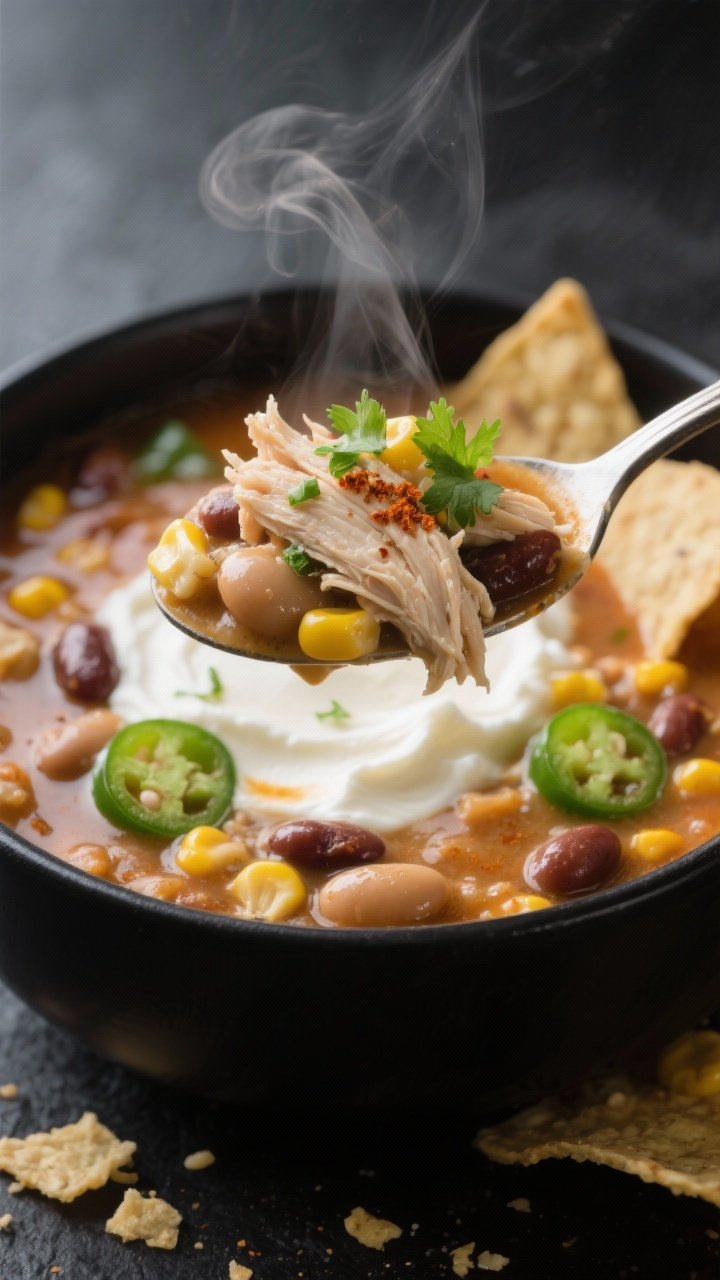 Close-up detail: A creamy spoonful of slow-cooked white chicken chili lifted from a matte-black bowl