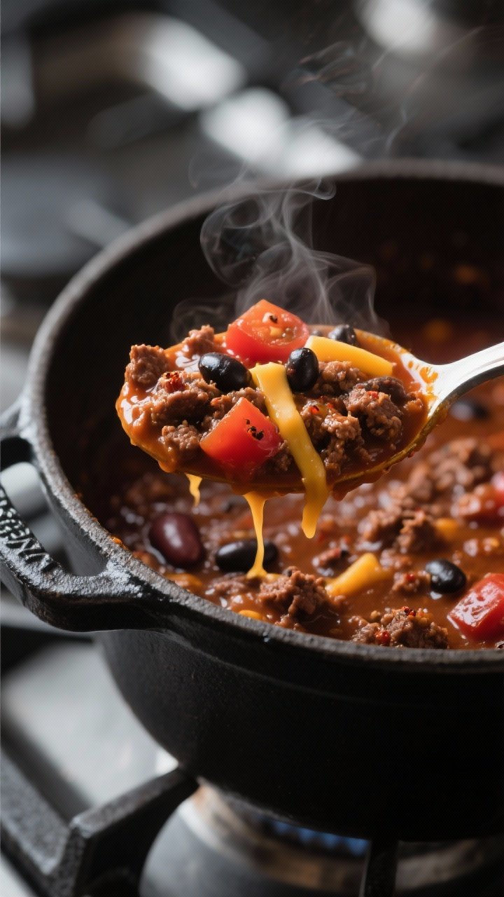 Close-up detail: A deep, glossy spoonful of finished game day chili lifted from a Dutch oven, showin