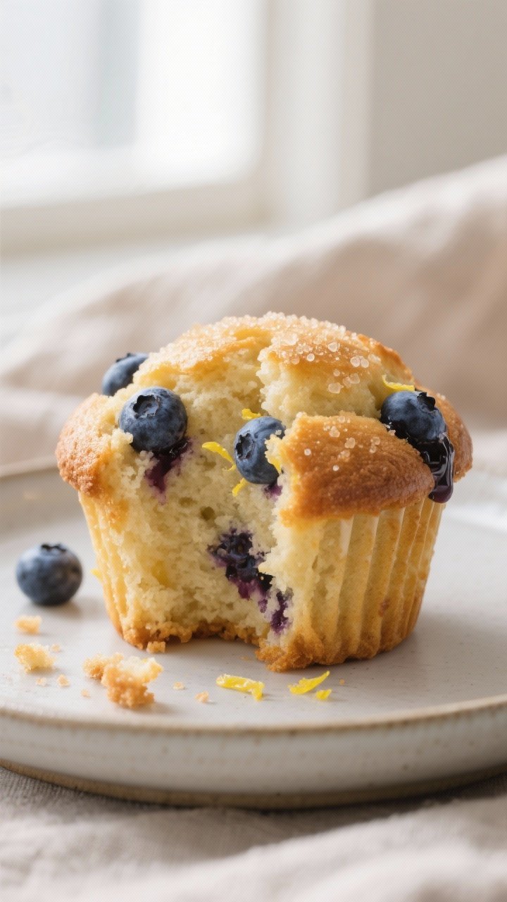 Close-up detail: A freshly baked blueberry muffin torn open to reveal a moist, tender crumb with bur