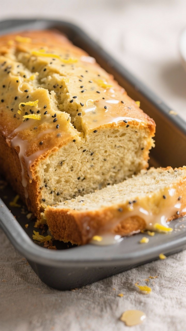 Close-up detail: A freshly baked lemon poppy seed protein loaf just out of the pan, golden top with 