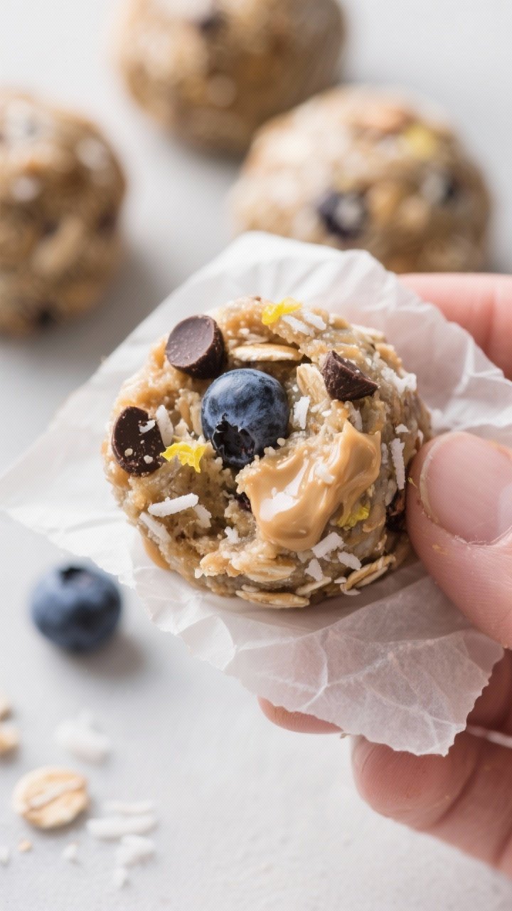 Close-up detail: A freshly rolled blueberry energy bite held on parchment with a few more bites in s