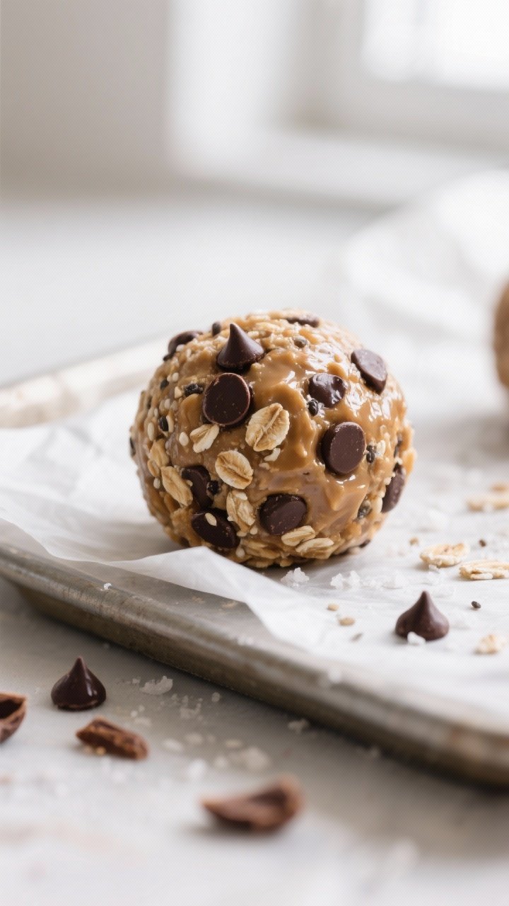 Close-up detail: A freshly rolled no-bake chocolate chip protein bite held in place on a parchment-l