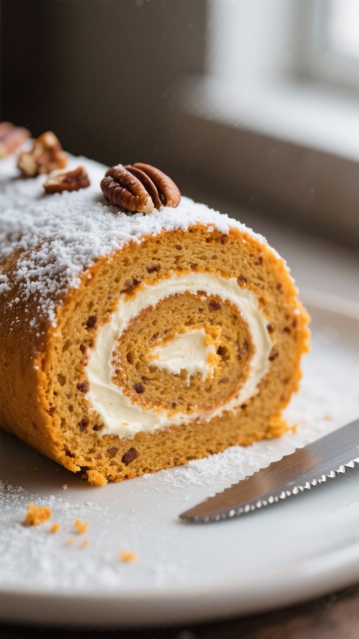 Close-up detail: A freshly sliced pumpkin roll with cream cheese filling, macro shot of the tight sp