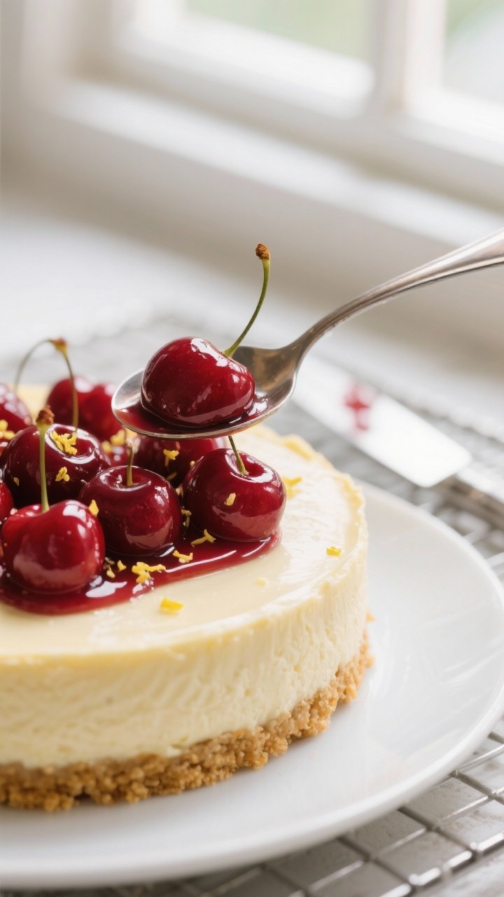 Close-up detail: A glossy cherry topping spooned over a chilled, crack-free cheesecake surface, show