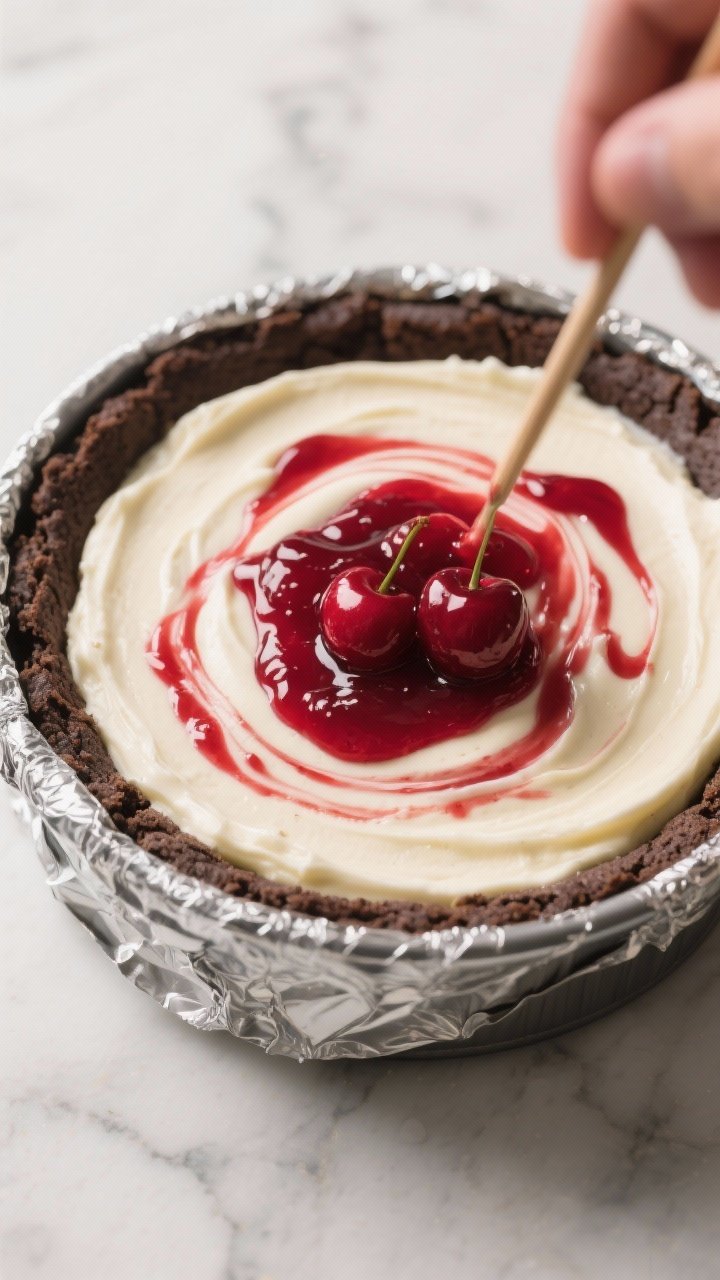 Close-up detail: A glossy swirl of cherry compote rippled through creamy cheesecake batter already p