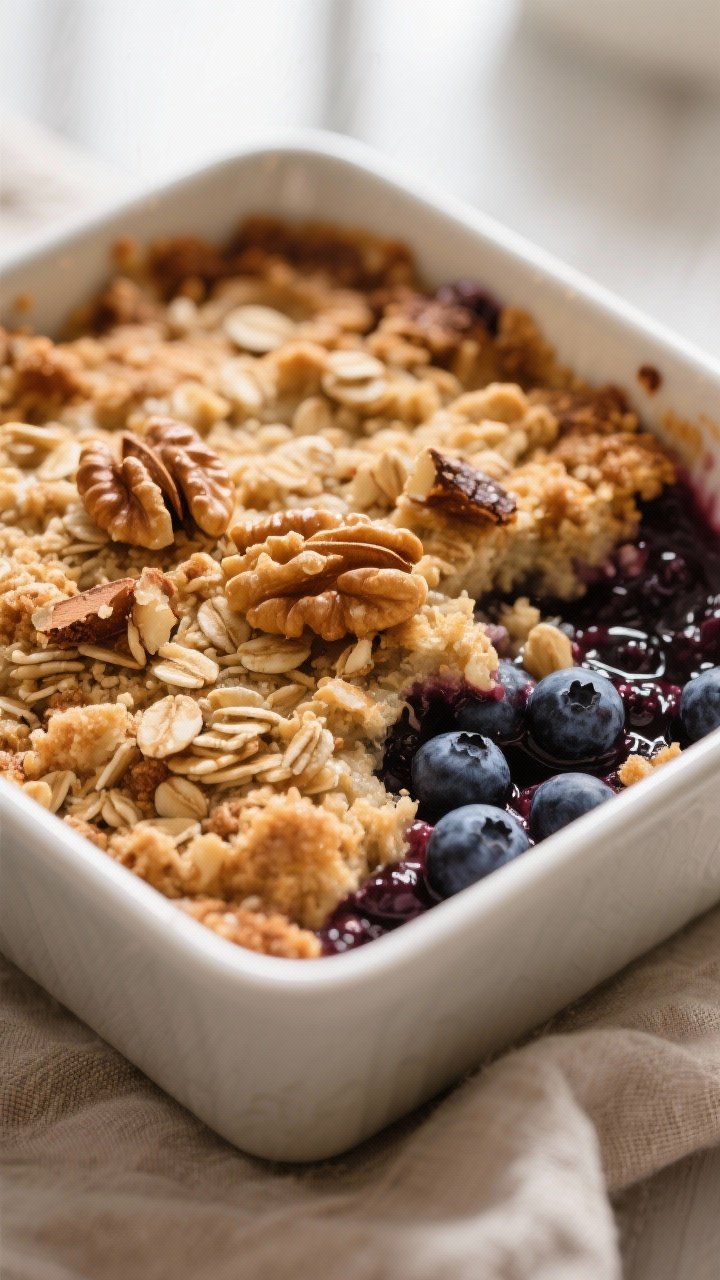 Close-up detail: A golden-brown blueberry crisp just out of the oven, tight macro on the crunchy oat