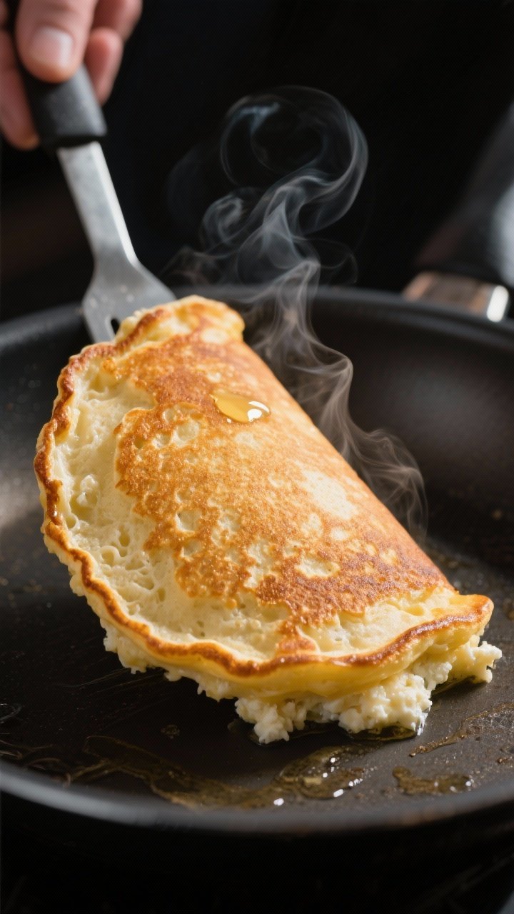 Close-up detail: A golden-brown cottage cheese protein pancake mid-flip in a nonstick skillet, captu
