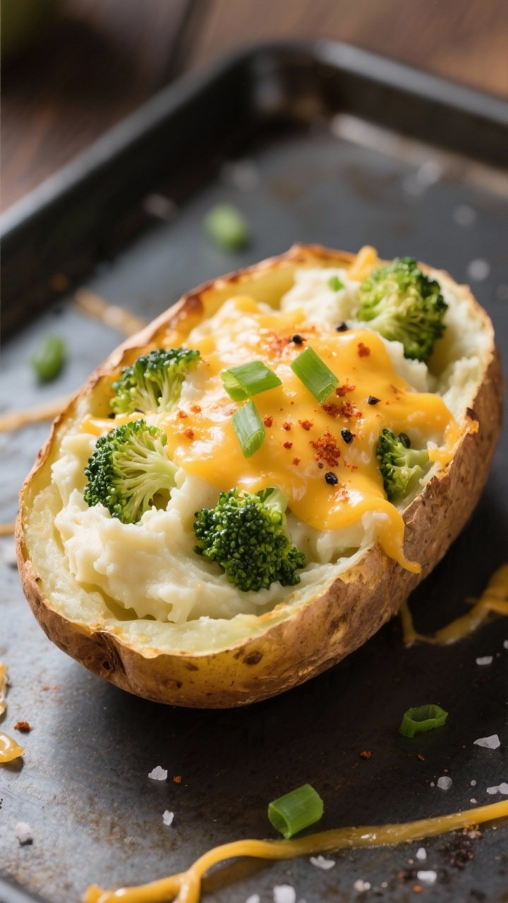 Close-up detail: A halved, twice-baked russet potato just out of the final bake, overflowing with cr
