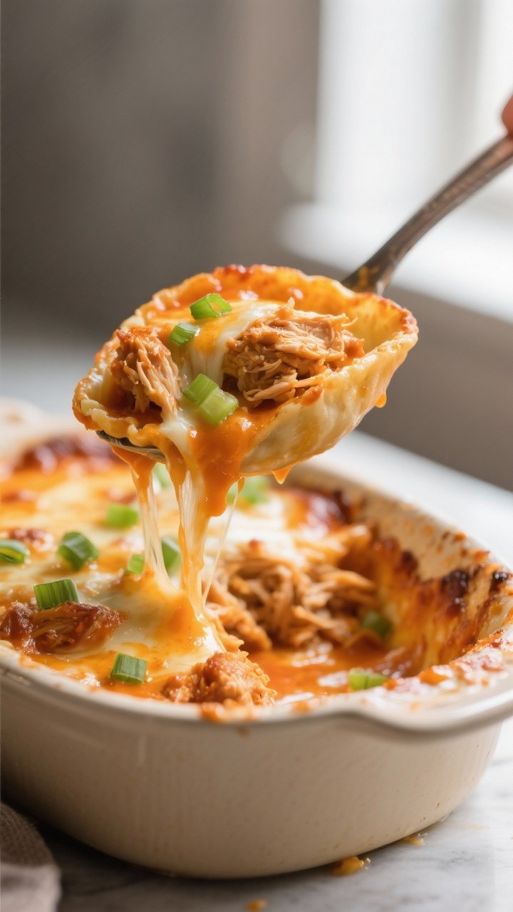 Close-up detail: A just-baked Buffalo chicken stuffed shell being lifted from the pan with gooey, me