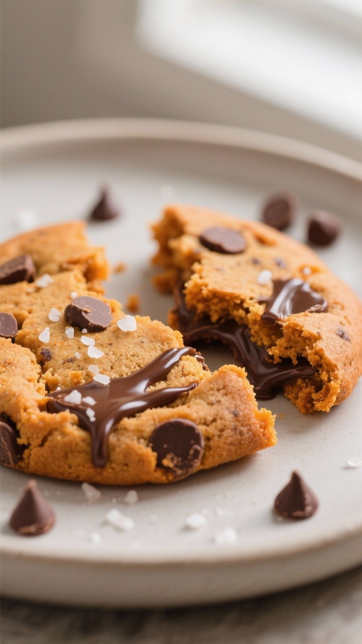 Close-up detail: A just-baked pumpkin chocolate chip cookie torn in half, molten semi-sweet chocolat