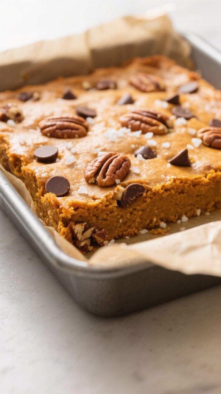 Close-up detail: A just-baked slab of Pumpkin Blondies lifted from an 8x8 metal pan by parchment ove