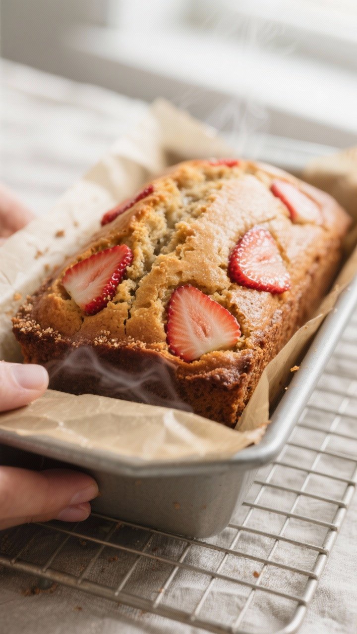 Close-up detail: A just-baked strawberry banana bread loaf lifted from a parchment-lined 9x5-inch pa