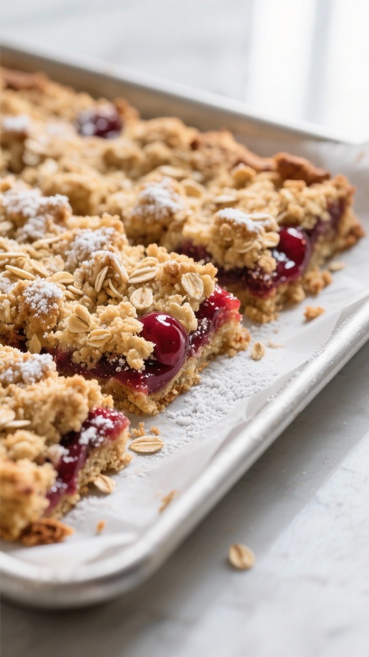 Close-up detail: A just-baked tray of cherry crumple bars cooling on parchment, golden oat-studded c