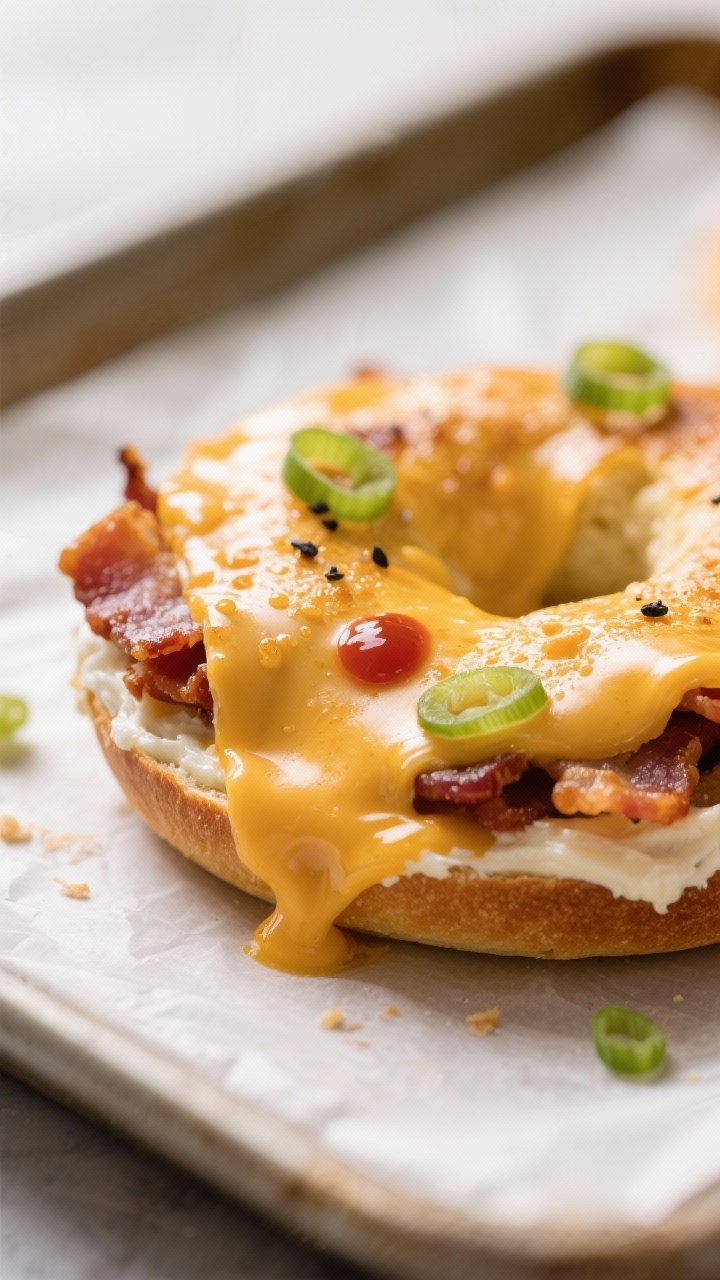 Close-up detail: A just-broiled Creamy Bacon Cheddar Bagel half with molten, golden-bubbly sharp che