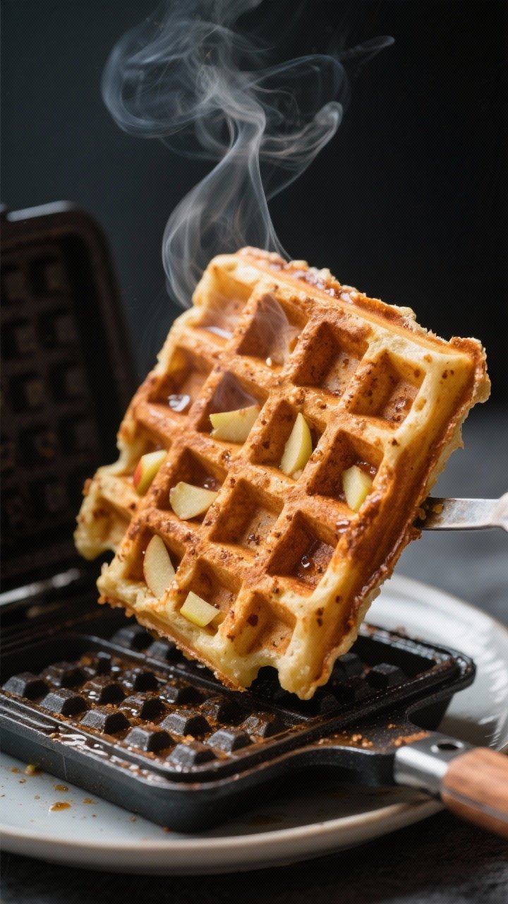 Close-up detail: A just-cooked Apple Spice Waffle lifted from a hot waffle iron, steam curling off s