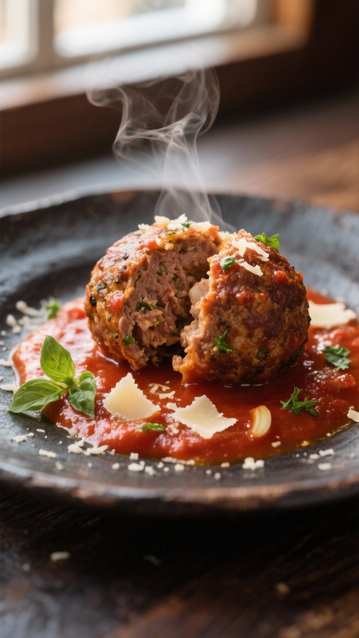 Close-up detail: A just-cooked meatball sliced open in a pool of glossy marinara, showing ultra-tend
