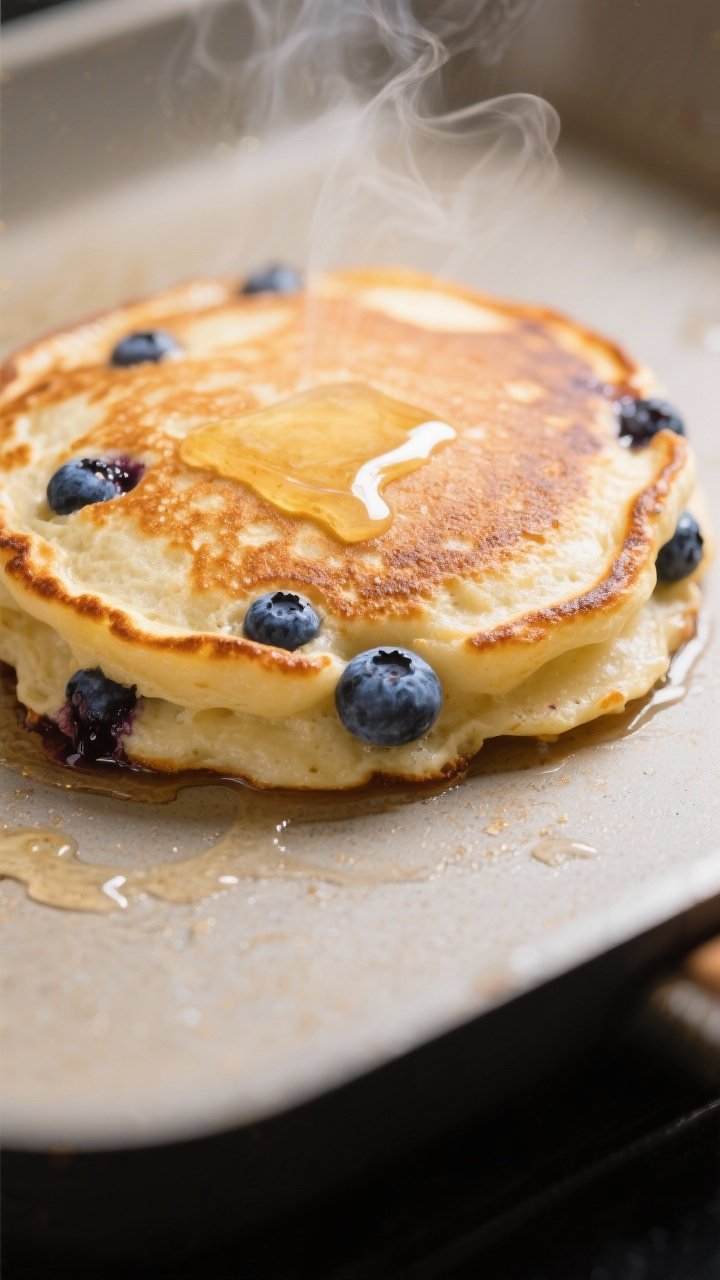 Close-up detail: A just-flipped blueberry buttermilk pancake mid-cook showing a deeply golden, evenl