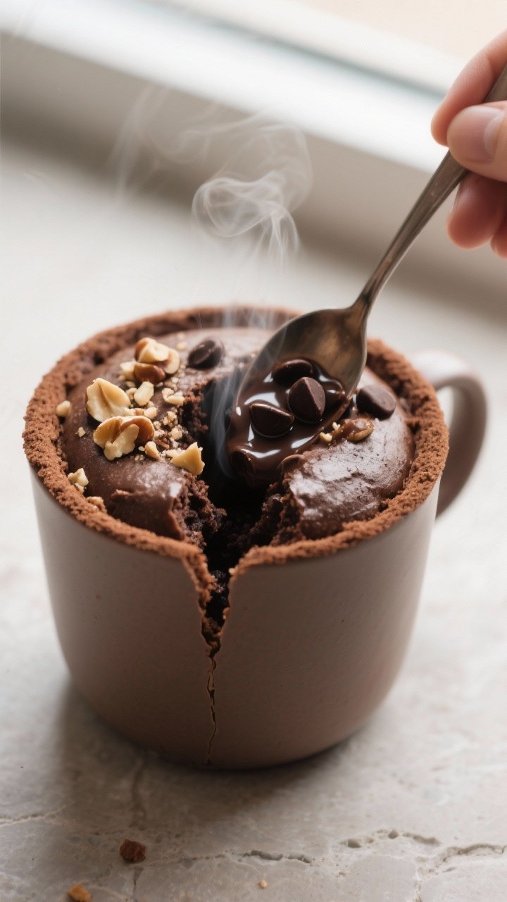 Close-up detail: A just-microwaved chocolate hazelnut protein mug cake with a glossy, slightly under