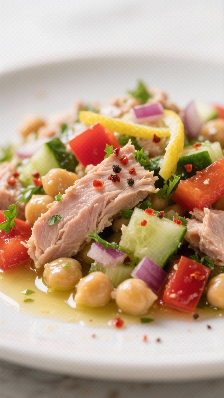 Close-up detail: A just-tossed tuna and chickpea salad glistening in a lemon-Dijon olive oil dressin