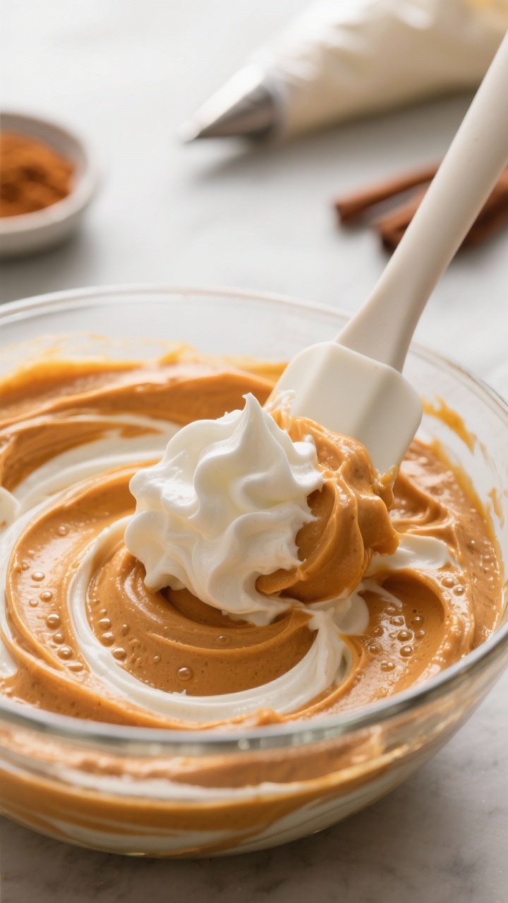Close-up detail: A prepared pumpkin mousse layer being gently folded with whipped cream in a glass m