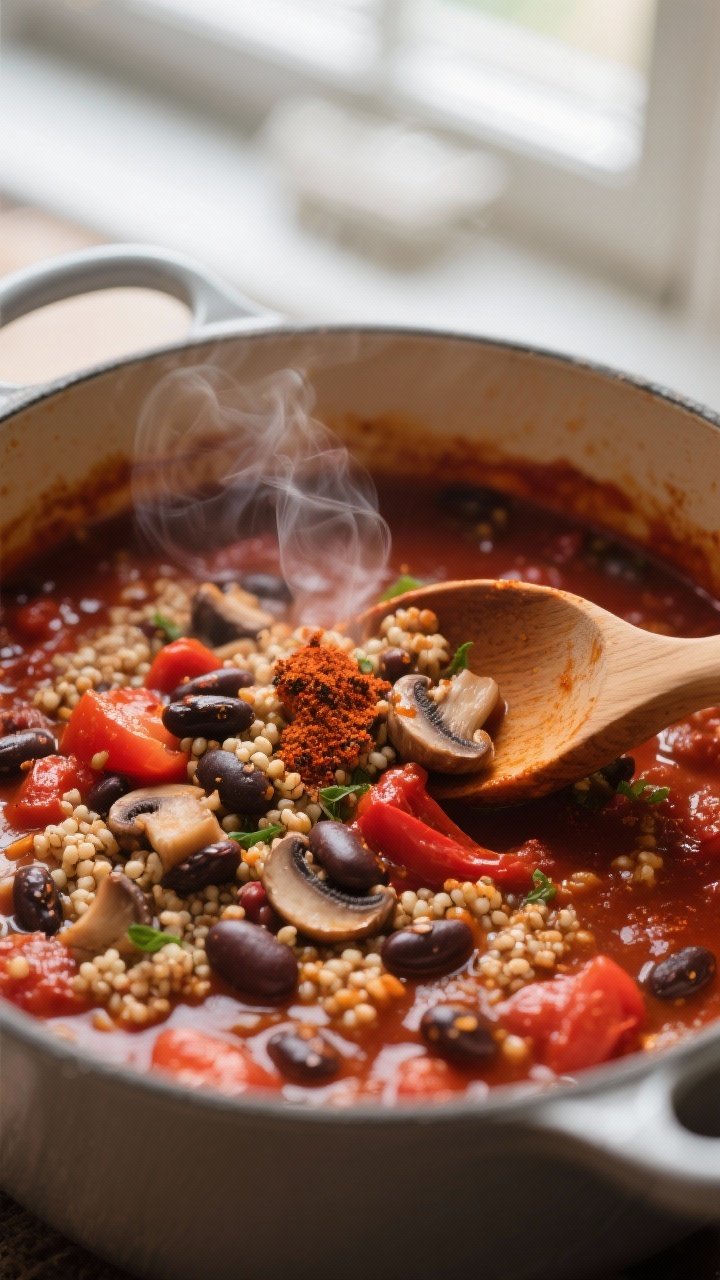 Close-up detail: A simmering pot of vegetarian chili mid-cook, showing glossy, thick stew with bulgu