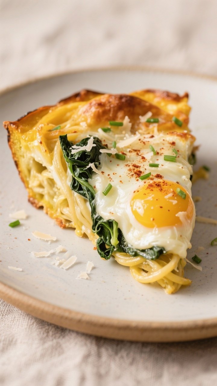 Close-up detail: A slice of the baked spaghetti squash egg casserole just after resting, showing ten