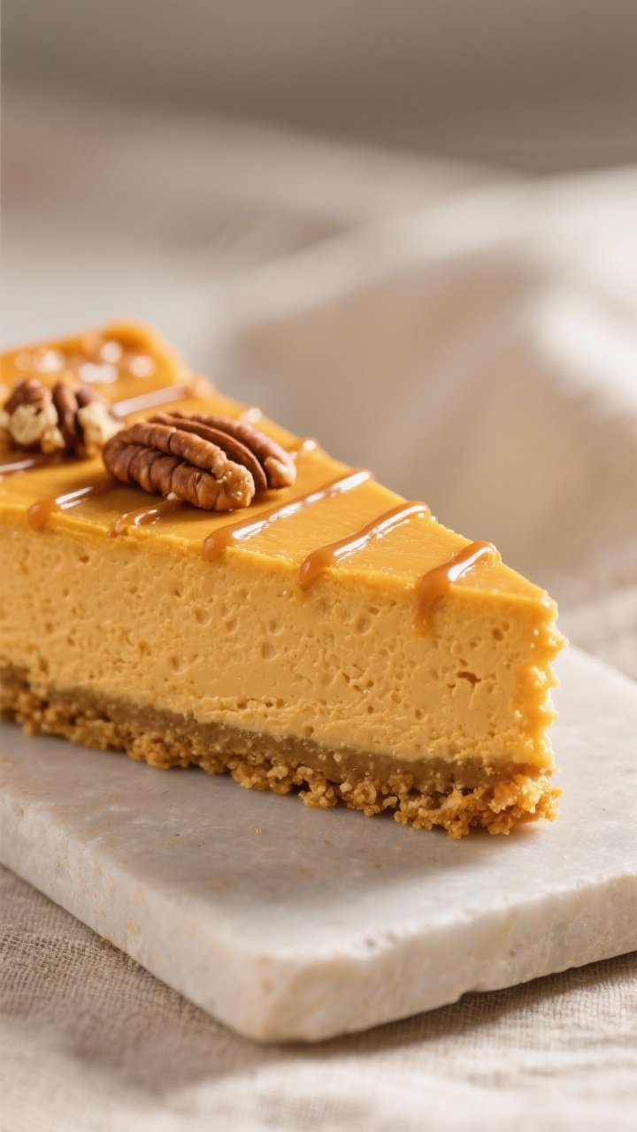 Close-up detail: A sliced pumpkin cheesecake bar with a perfectly clean edge showing distinct layers