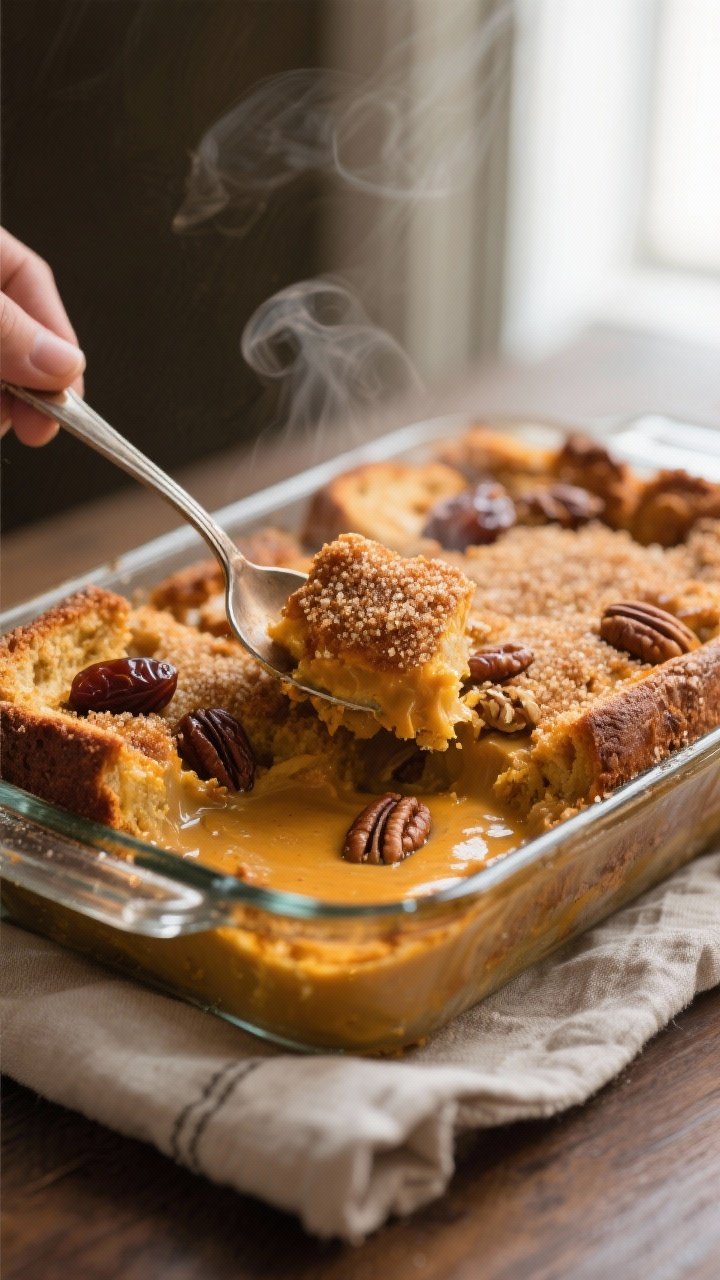 Close-up detail: A spoon breaking into a freshly baked pumpkin bread pudding in a 9x13 casserole, ca
