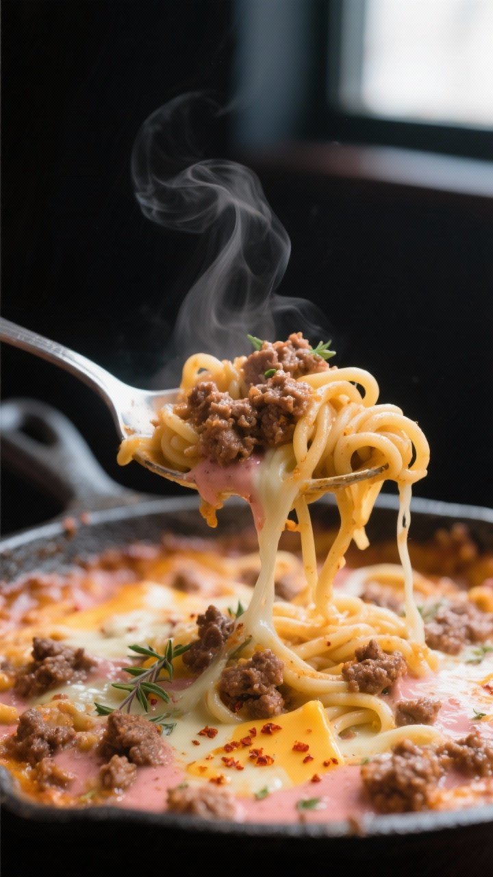 Close-up detail: A spoon lifting creamy ground beef noodle casserole straight from a skillet, showin