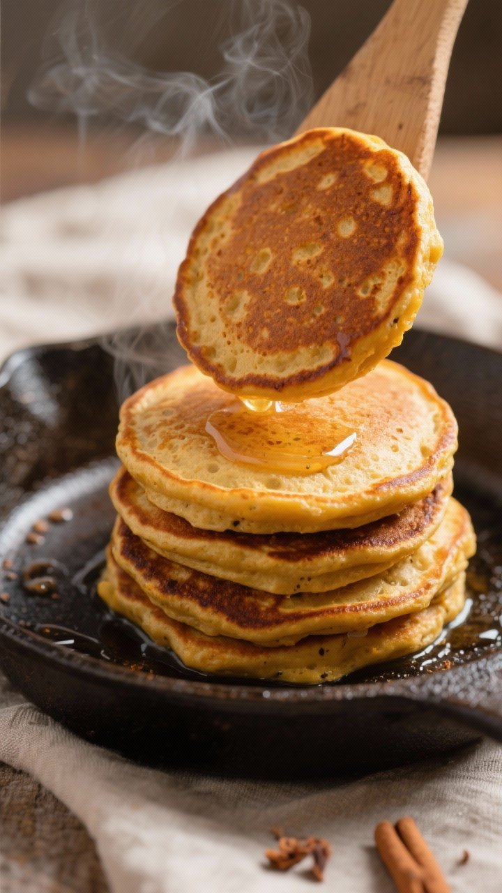 Close-up detail: A stack of fluffy pumpkin protein pancakes mid-cook on a seasoned cast-iron skillet