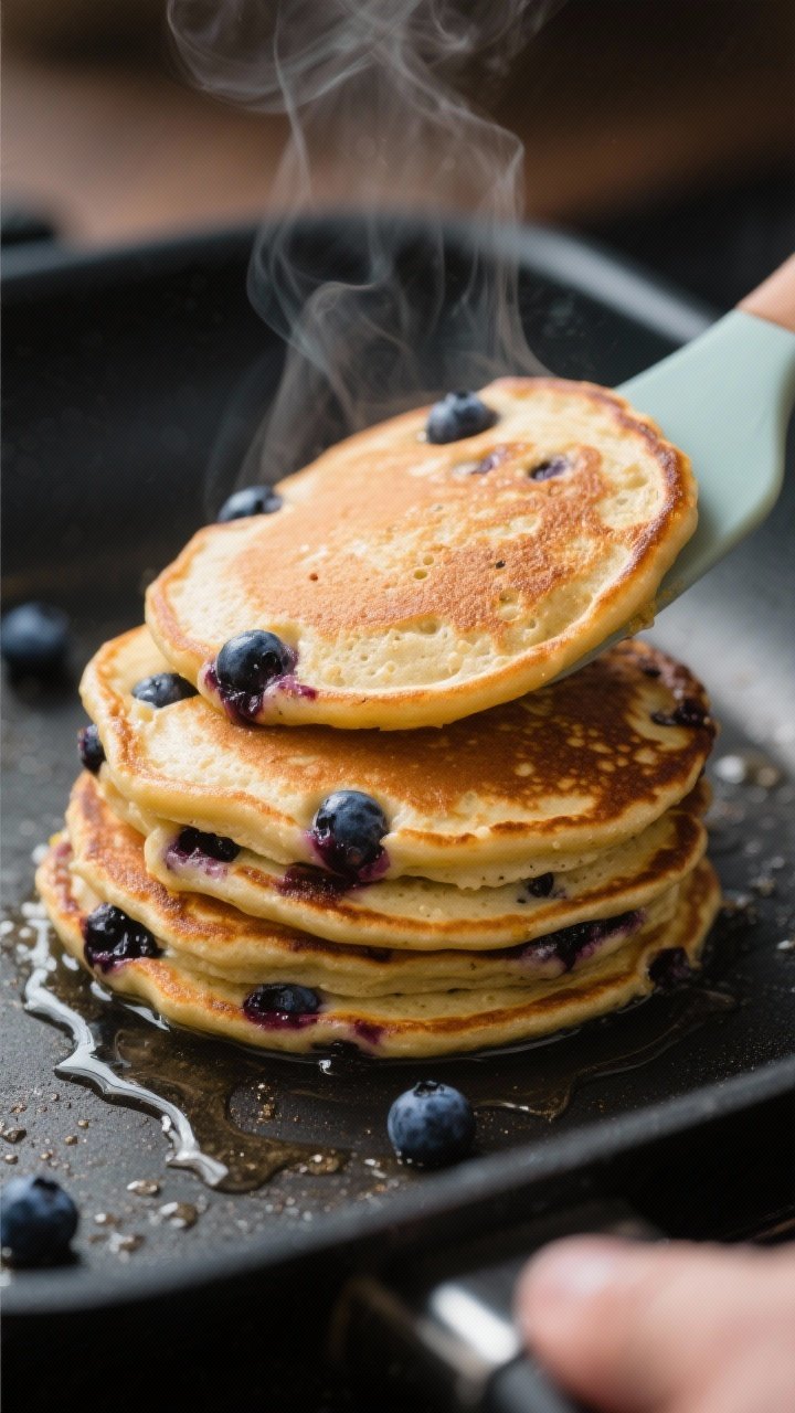 Close-up detail: A stack of golden-brown blueberry protein pancakes mid-cook on a lightly oiled nons