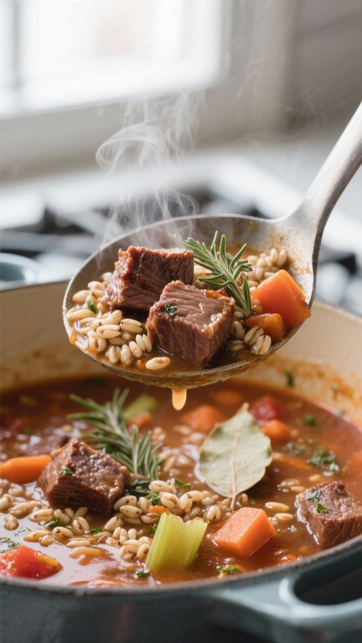 Close-up detail: A steaming ladle lifting Hearty Beef and Barley Soup from a Dutch oven, showcasing 