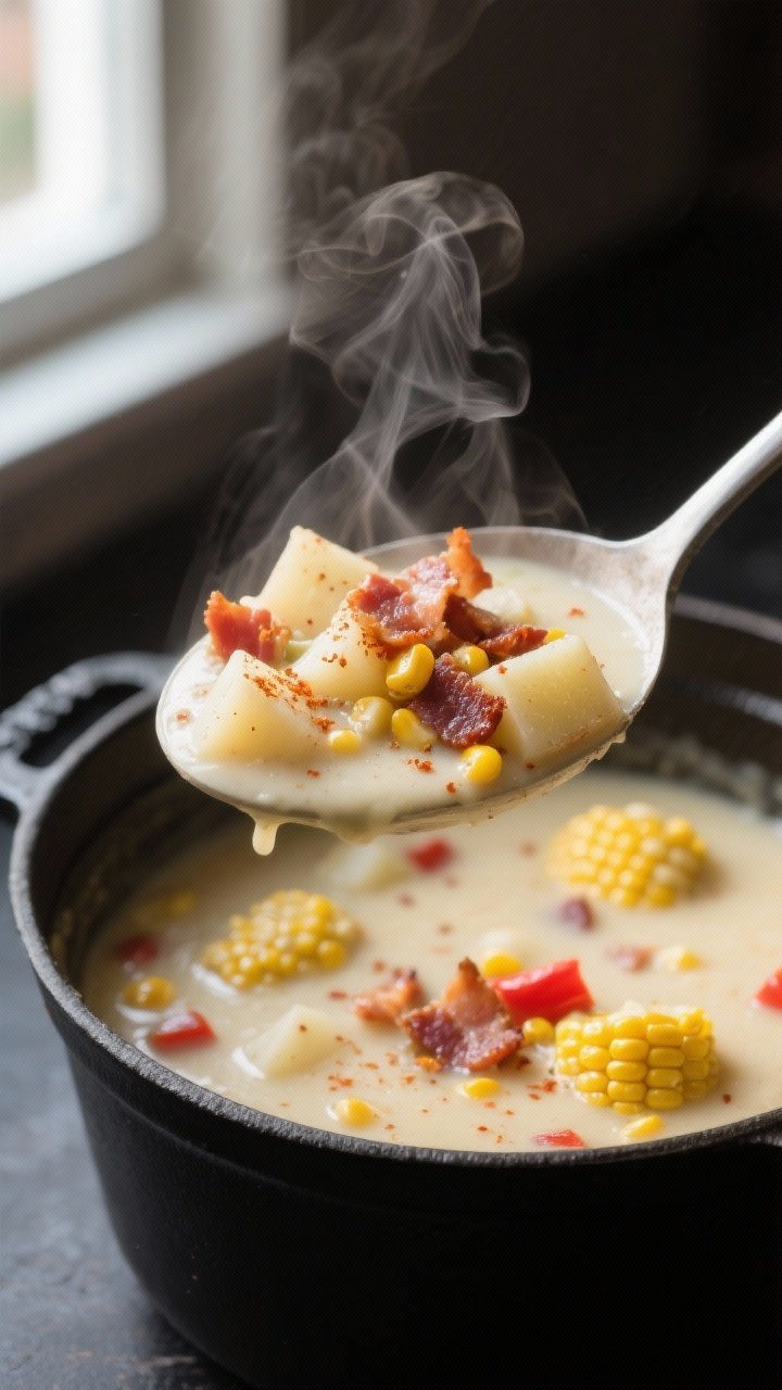 Close-up detail: A steaming ladle of creamy corn chowder lifted from a Dutch oven, showcasing tender