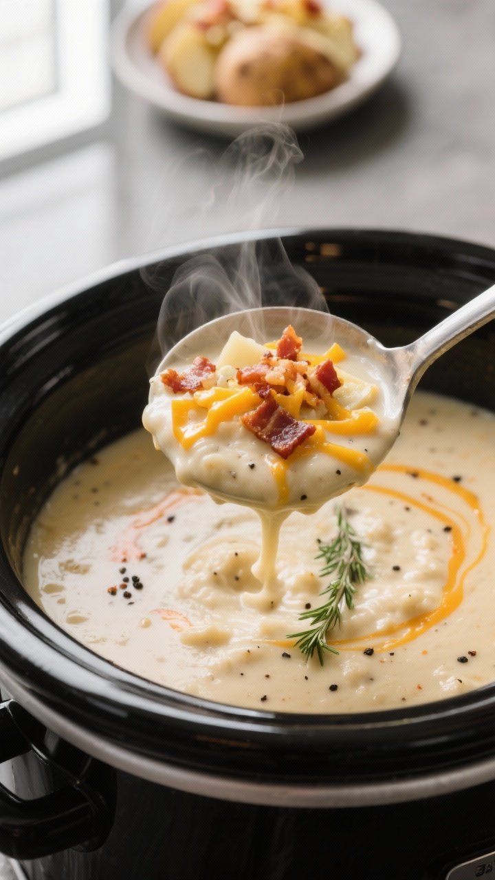 Close-up detail: A steaming ladle of slow cooker loaded baked potato soup being lifted from the pot,