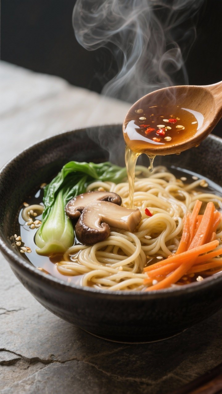Close-up detail: A steaming ladle of umami-rich ramen broth pouring into a bowl over springy, just-c