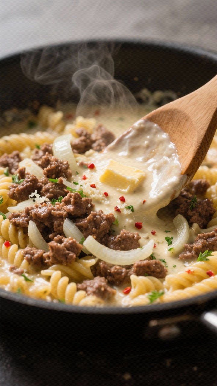 Close-up detail: A steaming skillet of browned ground beef with sautéed onions and just-added garli