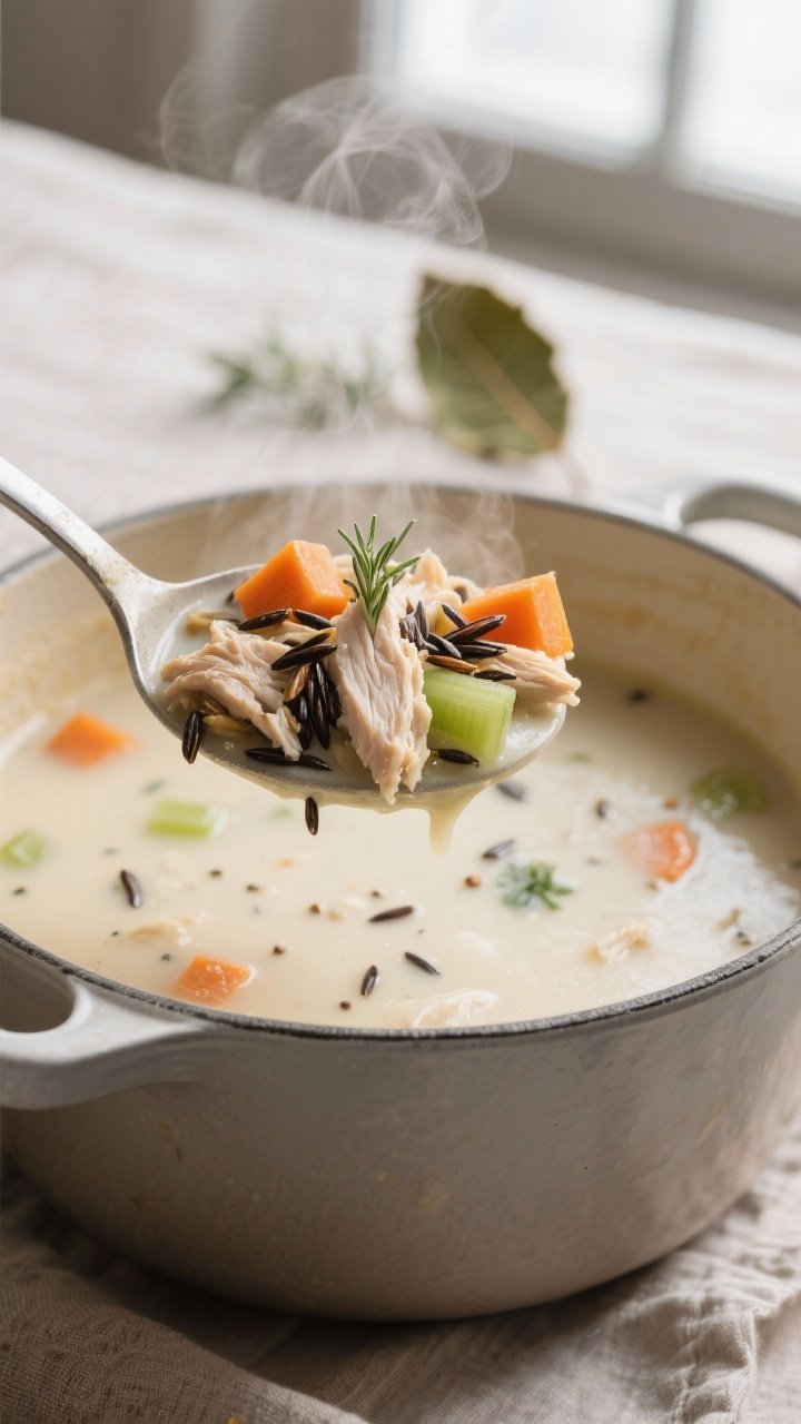 Close-up detail: A steamy ladleful of creamy chicken and wild rice soup hovering over a Dutch oven, 