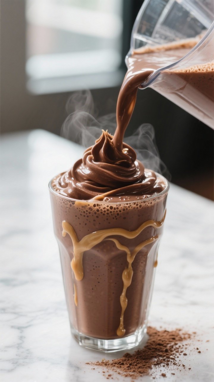Close-up detail: A thick, freshly blended chocolate peanut butter protein smoothie being poured from