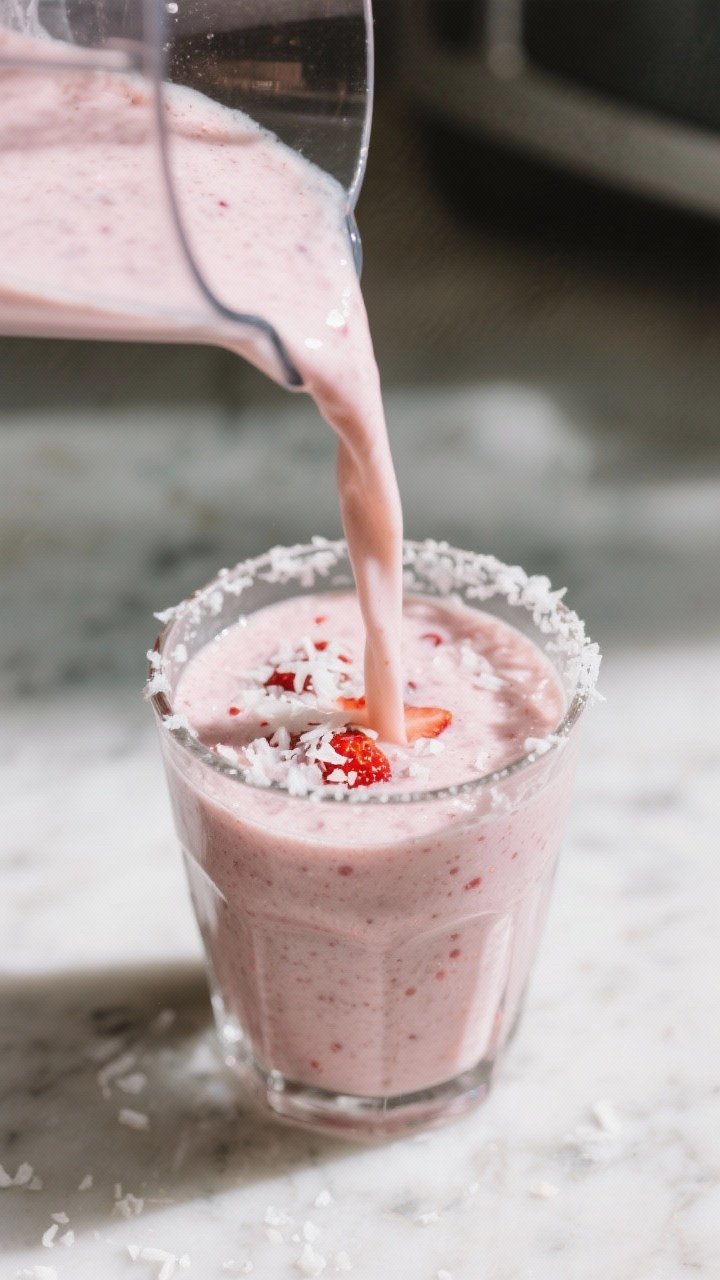 Close-up detail: A thick, freshly blended strawberry coconut smoothie being poured in a silky ribbon