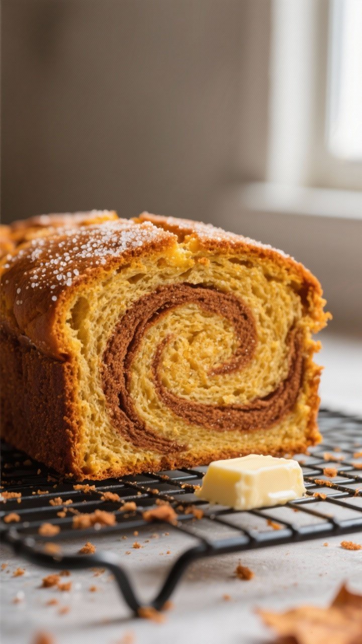 Close-up detail: A thick slice of pumpkin bread with a dramatic cinnamon-sugar ribbon running throug