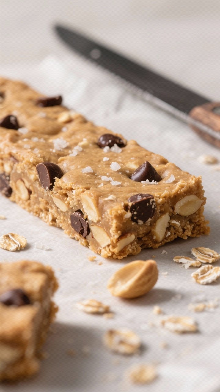Close-up detail: A tight macro of a sliced peanut butter cookie protein bar just after chilling, sho