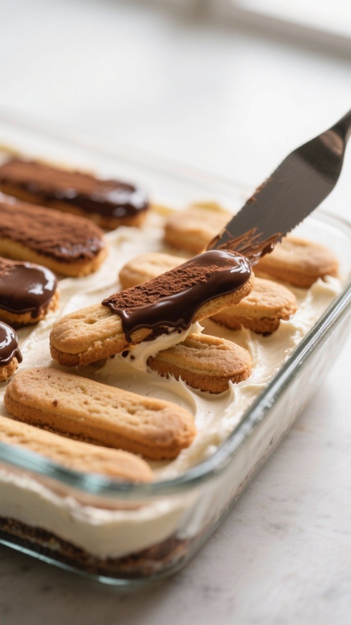 Close-up detail: A tight macro shot of espresso-dipped ladyfingers being laid into a 9x9 glass dish,