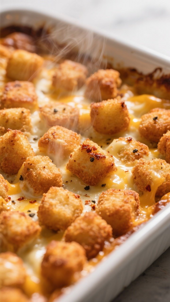Close-up detail: A tight macro shot of the casserole’s top after “Bake round one,” showing dee