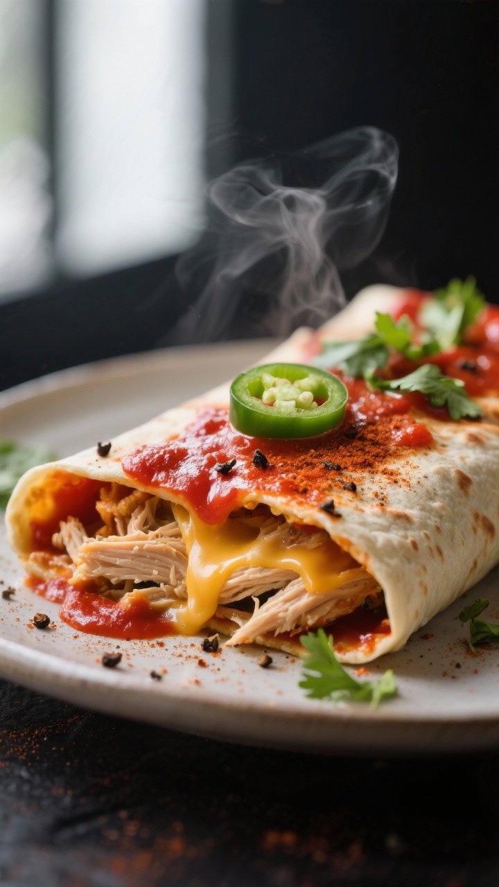 Close-up detail: A tight, shallow depth-of-field shot of a sliced chicken enchilada fresh from the o