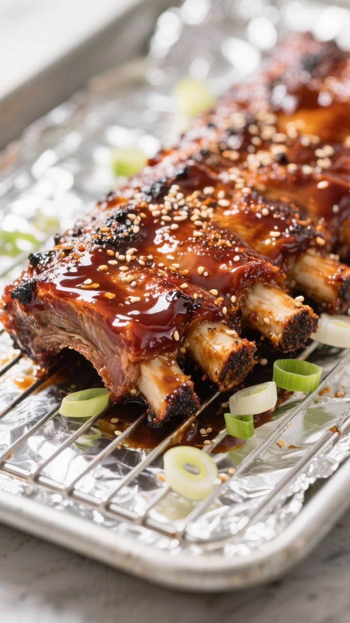 Close-up detail: Broiled, sticky BBQ crockpot ribs just out of the oven, glossy caramelized glaze bu