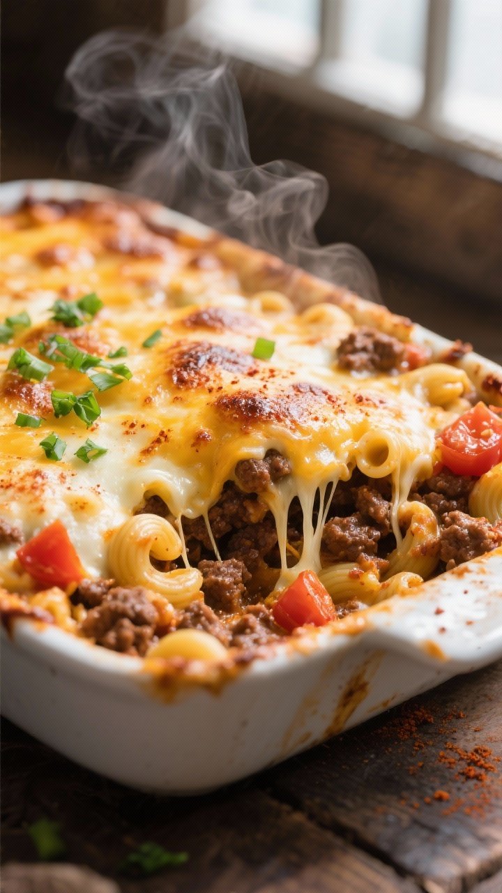 Close-up detail: Bubbling BBQ ground beef and macaroni casserole just out of the oven, capturing the