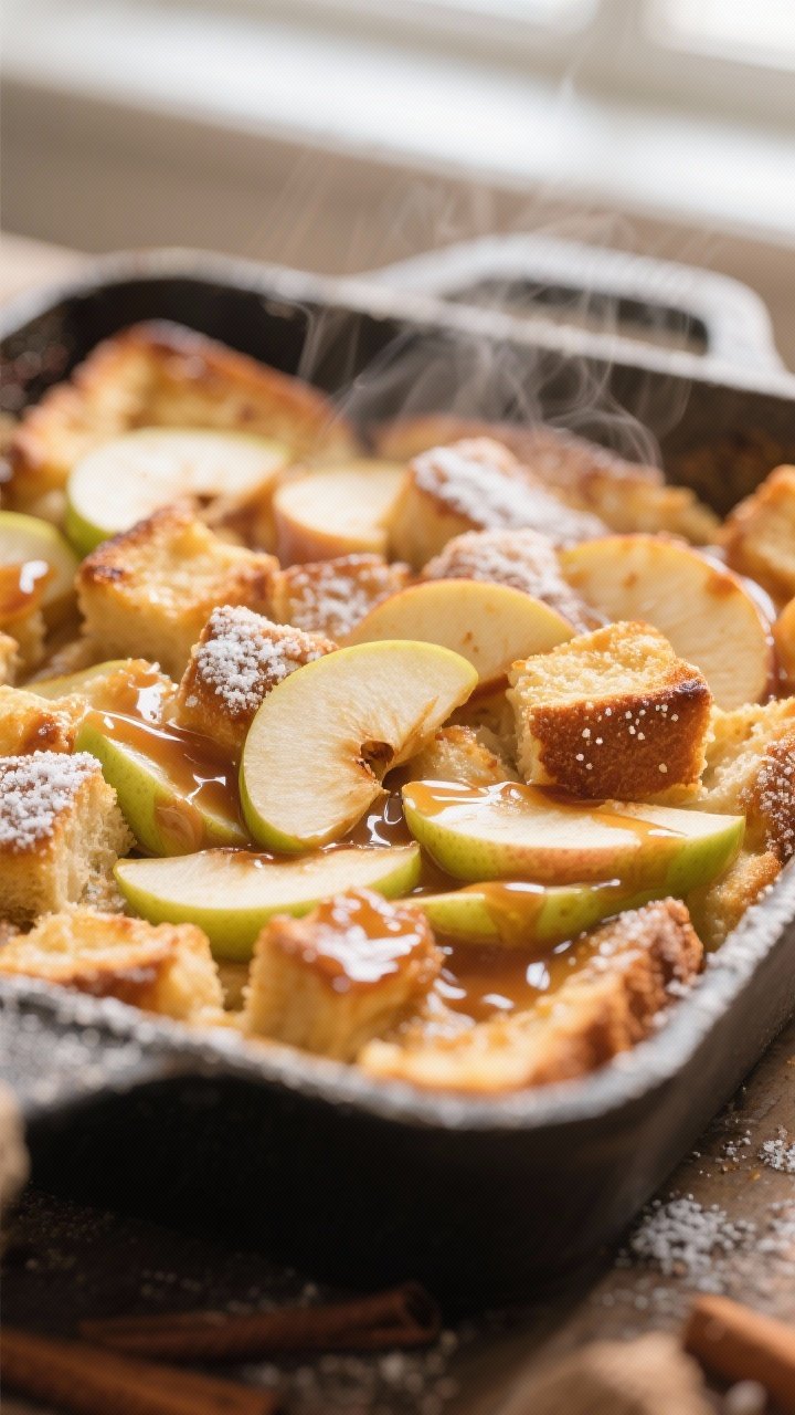 Close-up detail — Caramelized apple topping on the baked French toast casserole just out of the ov