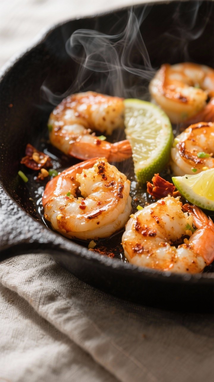 Close-up detail: Chili-lime shrimp sizzling in a cast-iron skillet, lightly charred edges and glossy