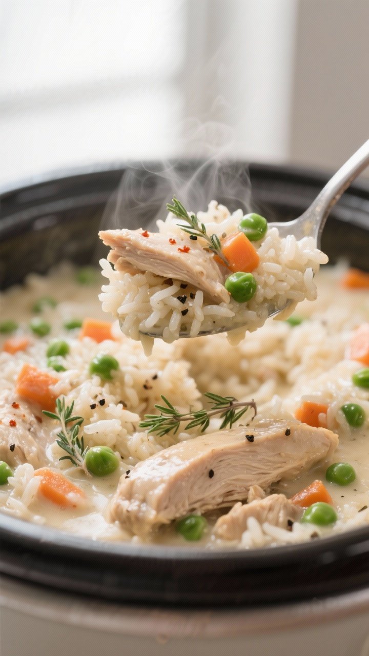 Close-up detail: Creamy crockpot chicken and rice just after the second cook, spoon scooping through