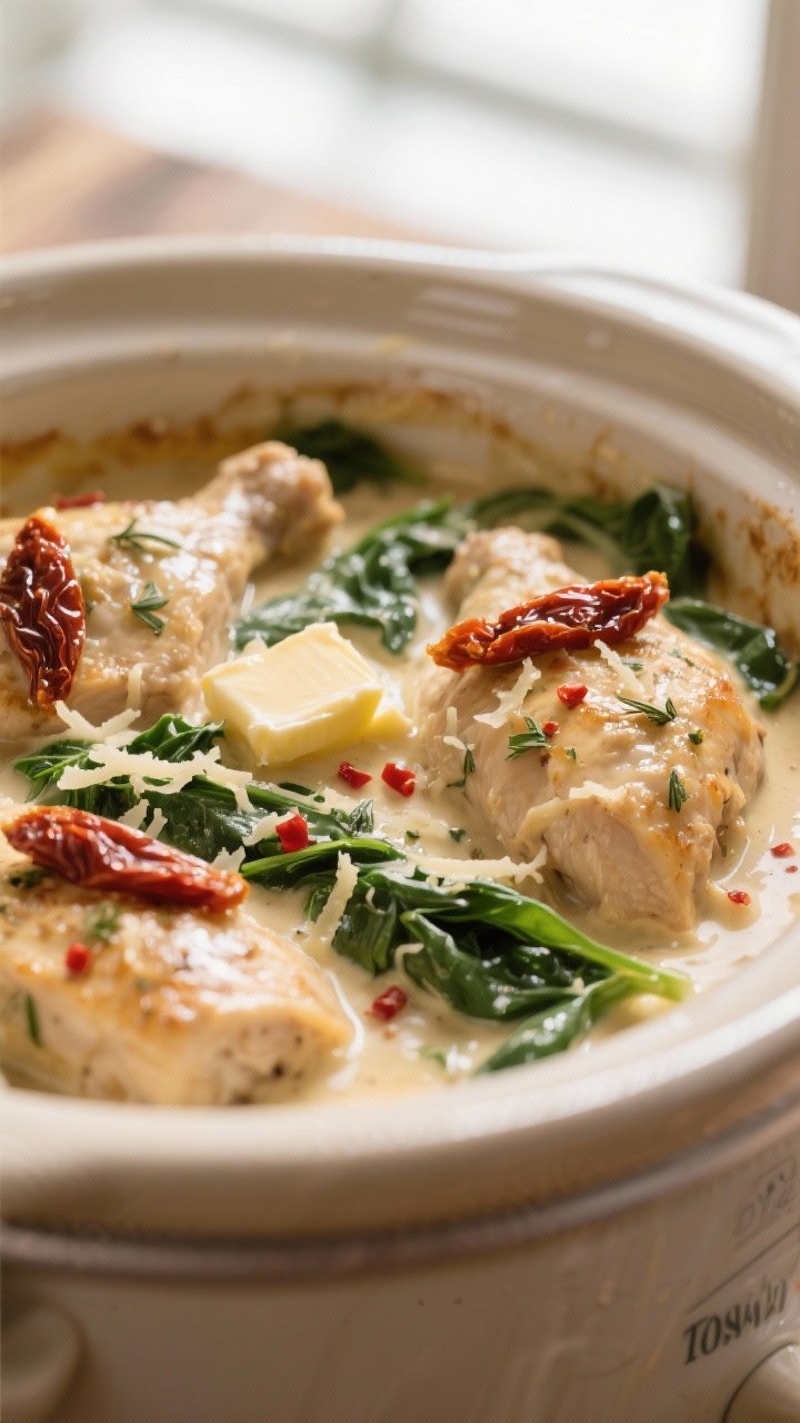 Close-up detail: Creamy Tuscan crockpot chicken just after finishing the sauce—juicy cooked chicke